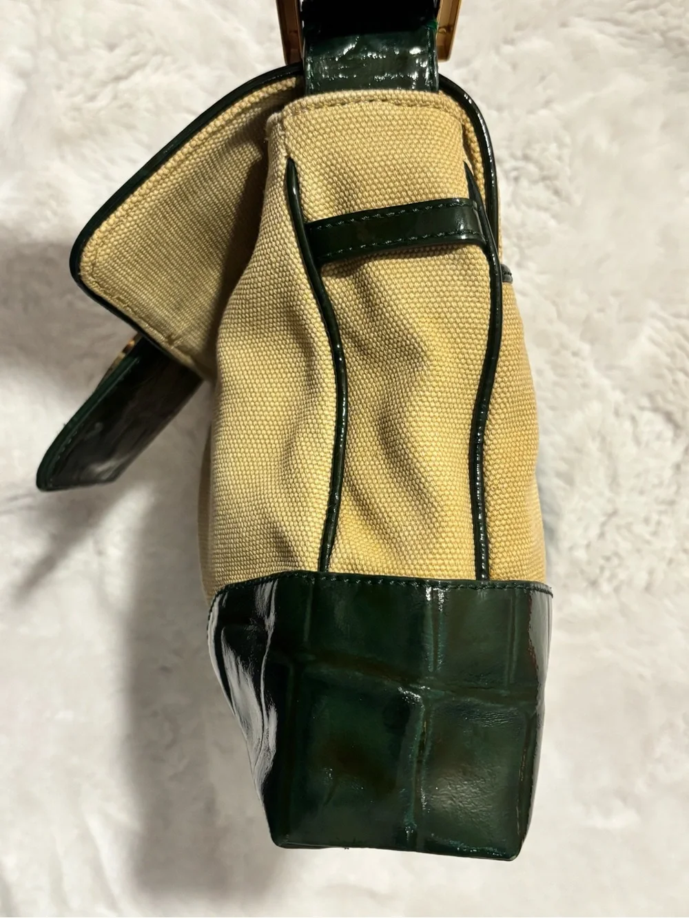 Tory Burch Vintage Baguette Shoulder Bag Khaki Canvas Dark Green Patent 11099828